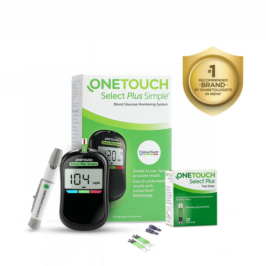 OneTouch Select Plus Simple glucometer machine | Simple & accurate testing of Blood sugar levels at home | Global Iconic Brand | FREE 10 Test Strips + 10 Sterile Lancets + 1 Lancing device