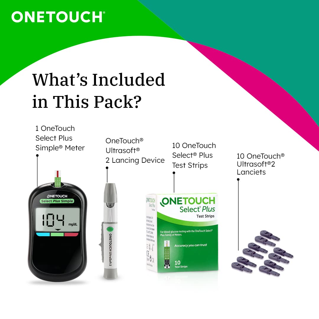 OneTouch Select Plus Simple glucometer machine | Simple & accurate testing of Blood sugar levels at home | Global Iconic Brand | FREE 10 Test Strips + 10 Sterile Lancets + 1 Lancing device