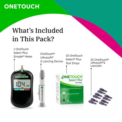 OneTouch Select Plus Simple glucometer machine | Simple & accurate testing of Blood sugar levels at home | Global Iconic Brand | FREE 10 Test Strips + 10 Sterile Lancets + 1 Lancing device