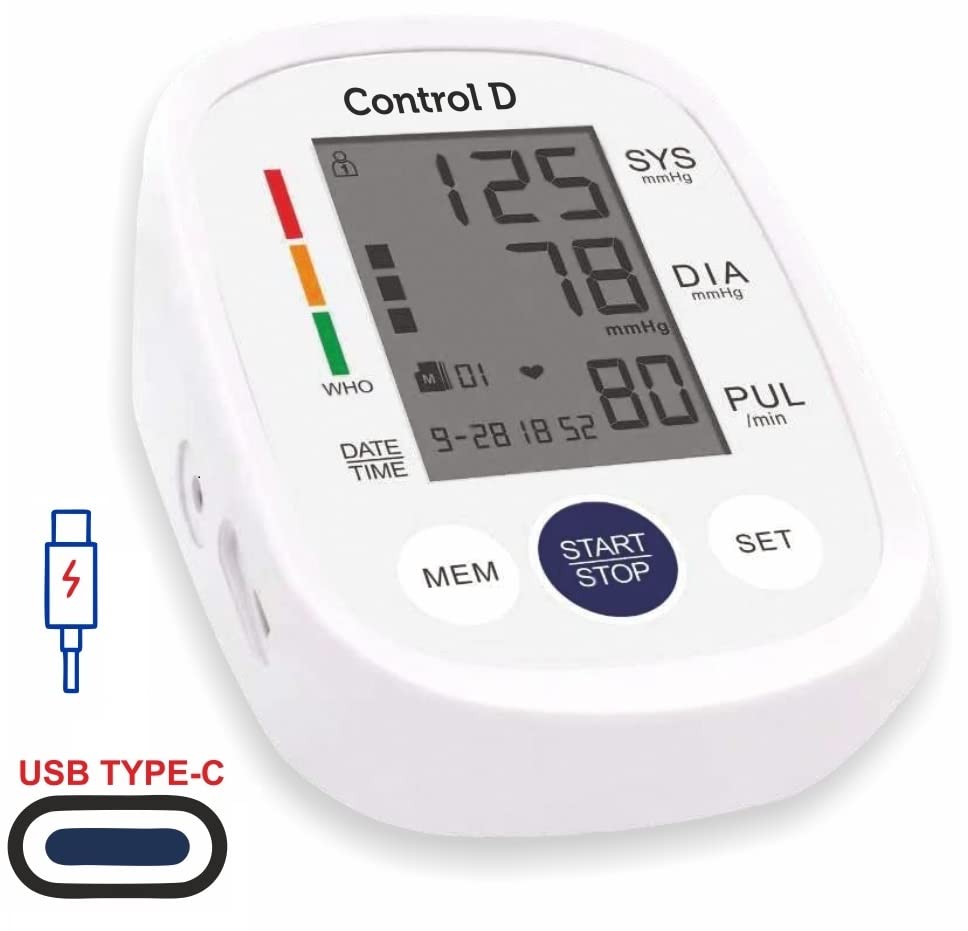 Control D Homely CPort BP Monitor Automatic Accurate Digital Blood Pressure Checking Machine Upper Arm Portable Digital Blood Pressure Monitor BP Machine Power With Micro USB (White, Silver)